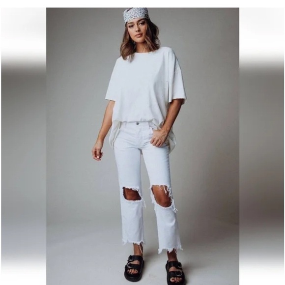 We The Free People White Denim Distressed Raw Edge Open Knee Button Fly Jeans 30 - Picture 2 of 16
